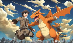 A 2D cartoon depiction of Charizard as a titan from 'Attack on Titan', in a style more reminiscent of Pokemon than Digimon.