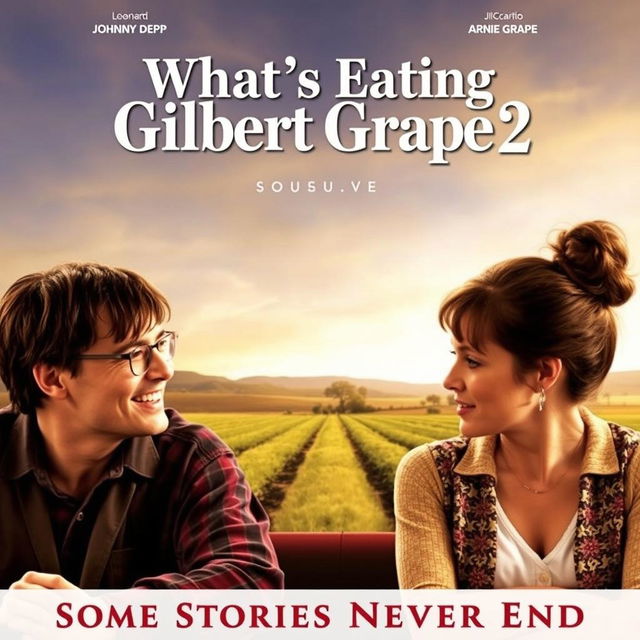 A sequel movie poster for 'What’s Eating Gilbert Grape 2', featuring the original cast including Johnny Depp as Gilbert Grape, Leonardo DiCaprio as Arnie Grape, and Juliette Lewis as Becky