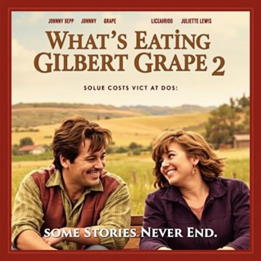 A sequel movie poster for 'What’s Eating Gilbert Grape 2', featuring the original cast including Johnny Depp as Gilbert Grape, Leonardo DiCaprio as Arnie Grape, and Juliette Lewis as Becky