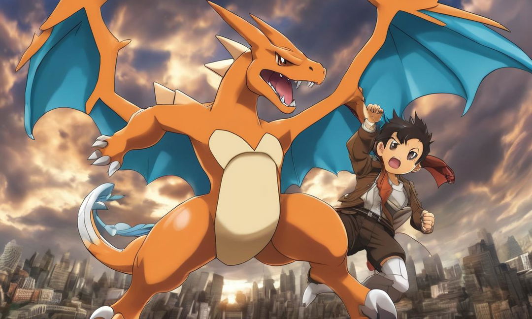 A 2D cartoon depiction of Charizard as a titan from 'Attack on Titan', in a style more reminiscent of Pokemon than Digimon.