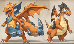 A 2D cartoon depiction of Charizard as a titan from 'Attack on Titan', in a style more reminiscent of Pokemon than Digimon.