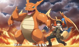 A 2D cartoon depiction of Charizard as a titan from 'Attack on Titan', in a style more reminiscent of Pokemon than Digimon.