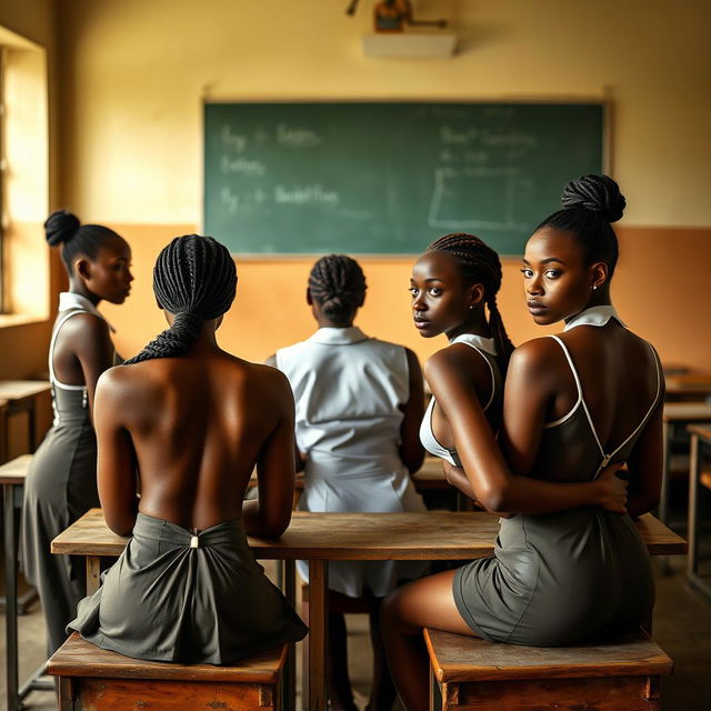 A compelling image of young African women around 20 years old, dressed in sexy uniforms, seated with their backs to the viewer in a classroom setting