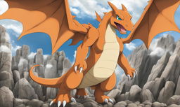 A 2D cartoon depiction of Charizard as a titan from 'Attack on Titan', standing alone without any human characters.