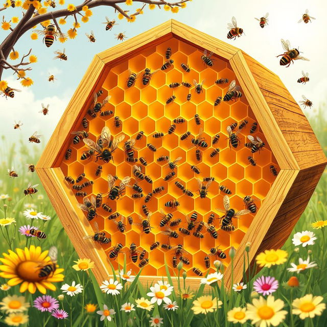 Detailed characterization of a beehive, showcasing its hexagonal structure made of beeswax, numerous honeycomb cells filled with honey and pollen, various types of bees including worker bees, drones, and the queen bee