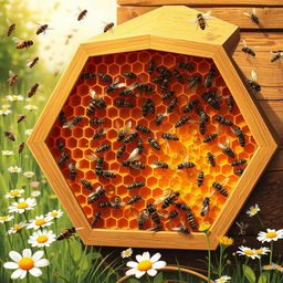 Detailed characterization of a beehive, showcasing its hexagonal structure made of beeswax, numerous honeycomb cells filled with honey and pollen, various types of bees including worker bees, drones, and the queen bee