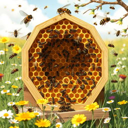 Detailed characterization of a beehive, showcasing its hexagonal structure made of beeswax, numerous honeycomb cells filled with honey and pollen, various types of bees including worker bees, drones, and the queen bee