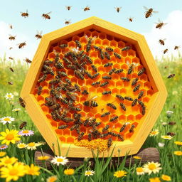 Detailed characterization of a beehive, showcasing its hexagonal structure made of beeswax, numerous honeycomb cells filled with honey and pollen, various types of bees including worker bees, drones, and the queen bee