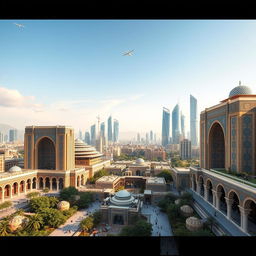 A modern and advanced city inspired by ancient Persian architecture, featuring grand structures with intricate designs that blend historical elements with futuristic technology
