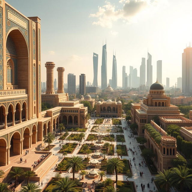 A modern and advanced city inspired by ancient Persian architecture, featuring grand structures with intricate designs that blend historical elements with futuristic technology