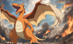 A 2D cartoon depiction of Charizard as a titan from 'Attack on Titan', standing alone without any human characters.