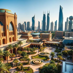 A modern and advanced city inspired by ancient Persian architecture, featuring grand structures with intricate designs that blend historical elements with futuristic technology
