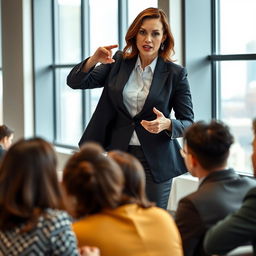 A powerful and confident businesswoman in formal attire, standing in an office environment