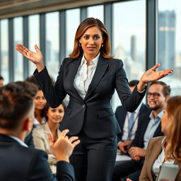 A powerful and confident businesswoman in formal attire, standing in an office environment