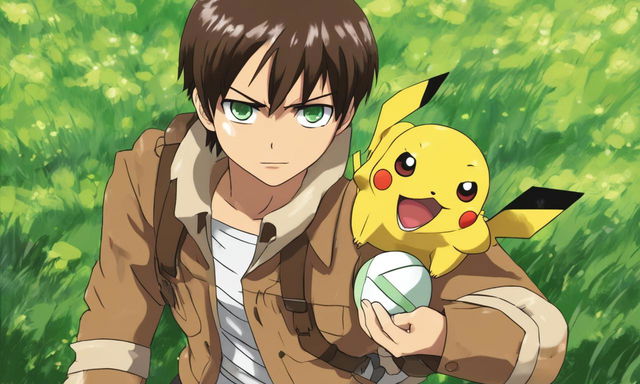 Eren Yeager from Attack on Titan reimagined in Pokemon cartoon style, posed for battle with a Pokeball in hand against a backdrop of rolling green hills and a distant Pikachu