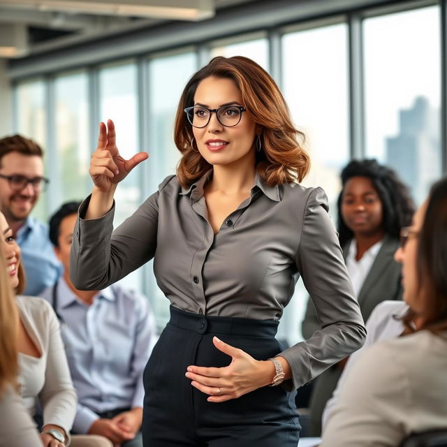 A powerful and confident businesswoman in formal attire, standing in an office environment