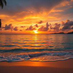 A breathtaking scene of a majestic golden sunset painted across the sky, reflecting off the serene, crystal-clear ocean waters