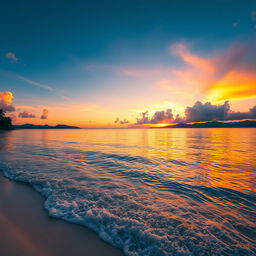 A breathtaking scene of a majestic golden sunset painted across the sky, reflecting off the serene, crystal-clear ocean waters