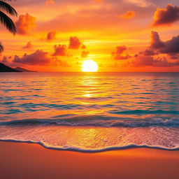 A breathtaking scene of a majestic golden sunset painted across the sky, reflecting off the serene, crystal-clear ocean waters