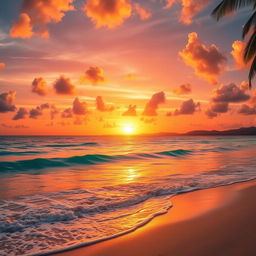 A breathtaking scene of a majestic golden sunset painted across the sky, reflecting off the serene, crystal-clear ocean waters