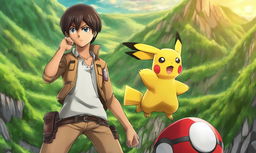 Eren Yeager from Attack on Titan reimagined in Pokemon cartoon style, posed for battle with a Pokeball in hand against a backdrop of rolling green hills and a distant Pikachu