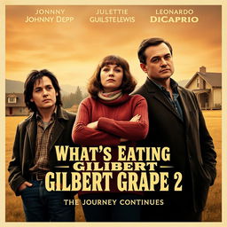 A realistic sequel movie poster for 'What’s Eating Gilbert Grape 2', featuring Johnny Depp, Juliette Lewis, and Leonardo DiCaprio reprising their iconic roles