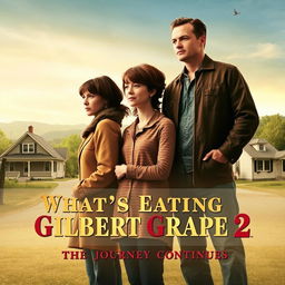 A realistic sequel movie poster for 'What’s Eating Gilbert Grape 2', featuring Johnny Depp, Juliette Lewis, and Leonardo DiCaprio reprising their iconic roles