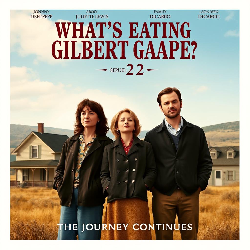 A realistic sequel movie poster for 'What’s Eating Gilbert Grape 2', featuring Johnny Depp, Juliette Lewis, and Leonardo DiCaprio reprising their iconic roles