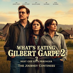 A realistic sequel movie poster for 'What’s Eating Gilbert Grape 2', featuring Johnny Depp, Juliette Lewis, and Leonardo DiCaprio reprising their iconic roles