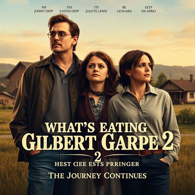 A realistic sequel movie poster for 'What’s Eating Gilbert Grape 2', featuring Johnny Depp, Juliette Lewis, and Leonardo DiCaprio reprising their iconic roles