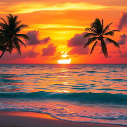 A breathtaking scene of a majestic golden sunset painted across the sky, casting warm glows on the serene, crystal-clear ocean waters below