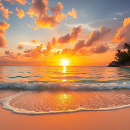 A breathtaking scene of a majestic golden sunset painted across the sky, casting warm glows on the serene, crystal-clear ocean waters below