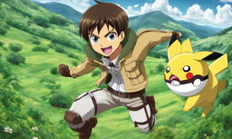 Eren Yeager from Attack on Titan reimagined in Pokemon cartoon style, posed for battle with a Pokeball in hand against a backdrop of rolling green hills and a distant Pikachu