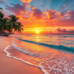 A breathtaking scene of a majestic golden sunset painted across the sky, casting warm glows on the serene, crystal-clear ocean waters below