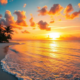 A breathtaking scene of a majestic golden sunset painted across the sky, casting warm glows on the serene, crystal-clear ocean waters below