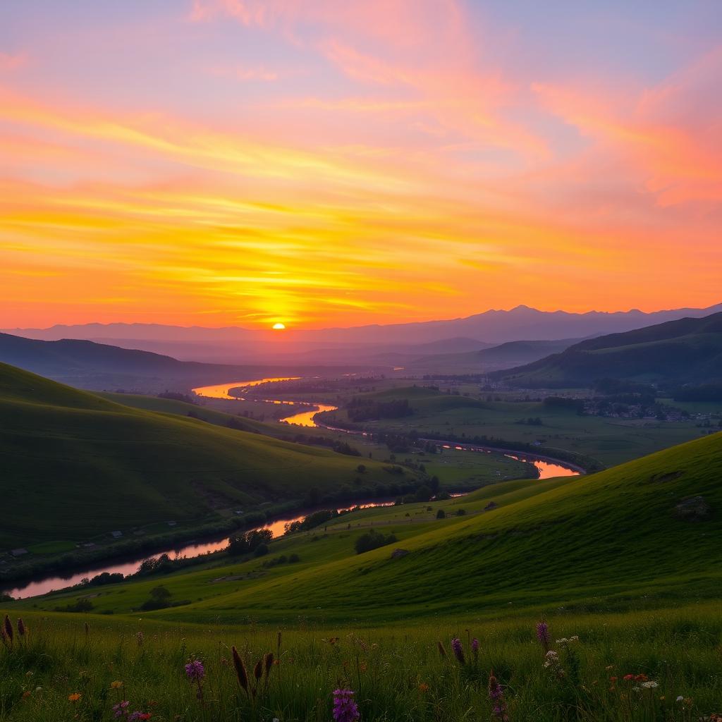 A breathtaking landscape showcasing a serene sunset over rolling hills, with a vibrant sky painted in shades of orange, pink, and purple