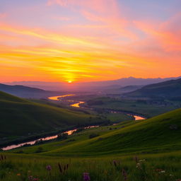 A breathtaking landscape showcasing a serene sunset over rolling hills, with a vibrant sky painted in shades of orange, pink, and purple