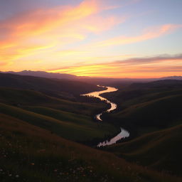 A breathtaking landscape showcasing a serene sunset over rolling hills, with a vibrant sky painted in shades of orange, pink, and purple