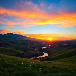 A breathtaking landscape showcasing a serene sunset over rolling hills, with a vibrant sky painted in shades of orange, pink, and purple