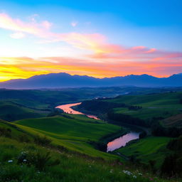 A breathtaking landscape showcasing a serene sunset over rolling hills, with a vibrant sky painted in shades of orange, pink, and purple