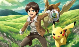 Eren Yeager from Attack on Titan reimagined in Pokemon cartoon style, posed for battle with a Pokeball in hand against a backdrop of rolling green hills and a distant Pikachu