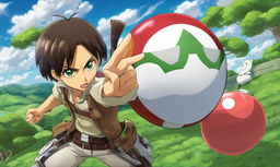 Eren Yeager from Attack on Titan reimagined in Pokemon cartoon style, posed for battle with a Pokeball in hand against a backdrop of rolling green hills