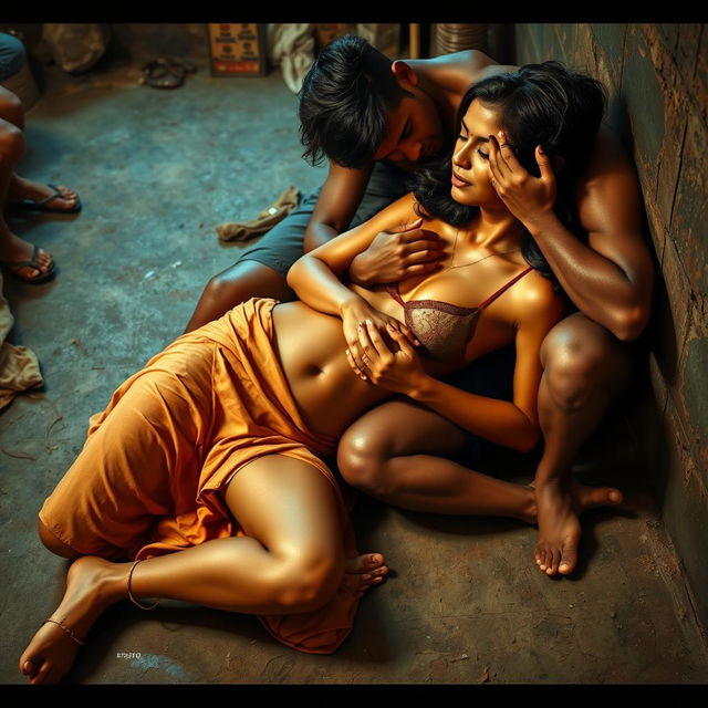 A sultry Indian woman in a slum environment, reclining on a worn floor and leaning against a wall