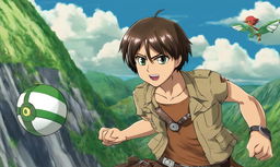 Eren Yeager from Attack on Titan reimagined in Pokemon cartoon style, posed for battle with a Pokeball in hand against a backdrop of rolling green hills