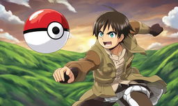 Eren Yeager from Attack on Titan reimagined in Pokemon cartoon style, posed for battle with a Pokeball in hand against a backdrop of rolling green hills