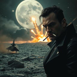 A dramatic scene on the moon with a spaceship landing, dust and debris swirling around