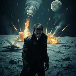A dramatic scene on the moon with a spaceship landing, dust and debris swirling around