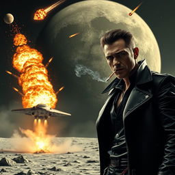 A dramatic scene on the moon with a spaceship landing, dust and debris swirling around
