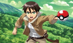 Eren Yeager from Attack on Titan reimagined in Pokemon cartoon style, posed for battle with a Pokeball in hand against a backdrop of rolling green hills