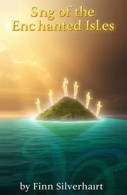 A serene, mystical island surrounded by turquoise waters under a softly glowing, golden sky